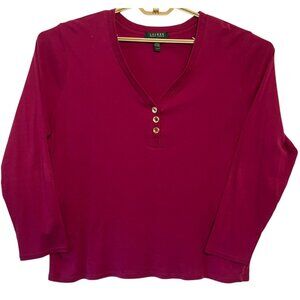 Lauren Ralph Lauren 3X Womens Burgundy Cotton Long Sleeve Henley Top Popover